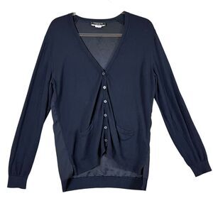 Tiffany & Company Wardrobe Women L Button Cardigan Navy Mix Media Pockets